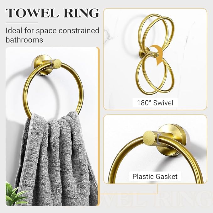 Gold Bathroom Towel Bar Set, 10-Piece Stainless Steel Hardware Bathroom Accessories, 24" Towel Racks for Bathroom Walls