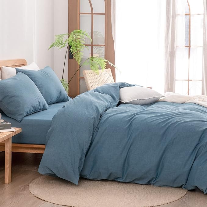 BESTOUCH Duvet Cover Set 100% Washed Cotton Linen Feel Super Soft Comfortable Chic Lightweight 3 PCs Home Bedding Set Solid Dark Blue King
