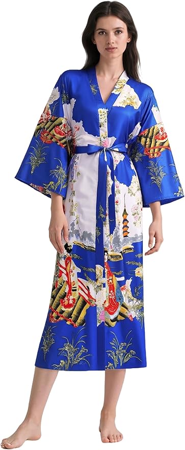 PRODESIGN Kimono Robe for Women - Long Satin Sleepwear Silky Kimono Cover-Up Nightgown Japanese Bathrobe Loungewear Blouse