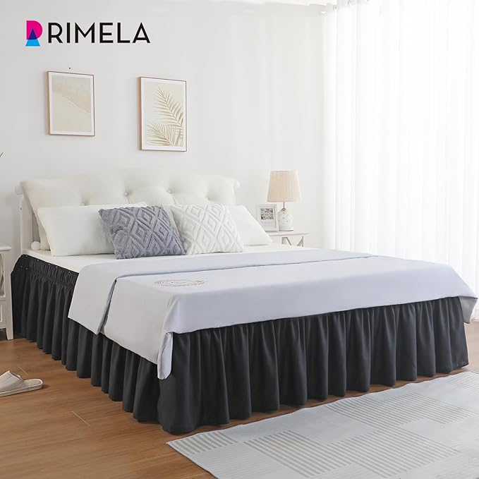 RIMELA Black Bed Skirt King Size 18 Inch Drop, Elastic Bed Skirting for Bed Base and Frame, Bedding Dust Ruffle Easy to Install, Lightweight Wrap Around Adjustable Bedskirt