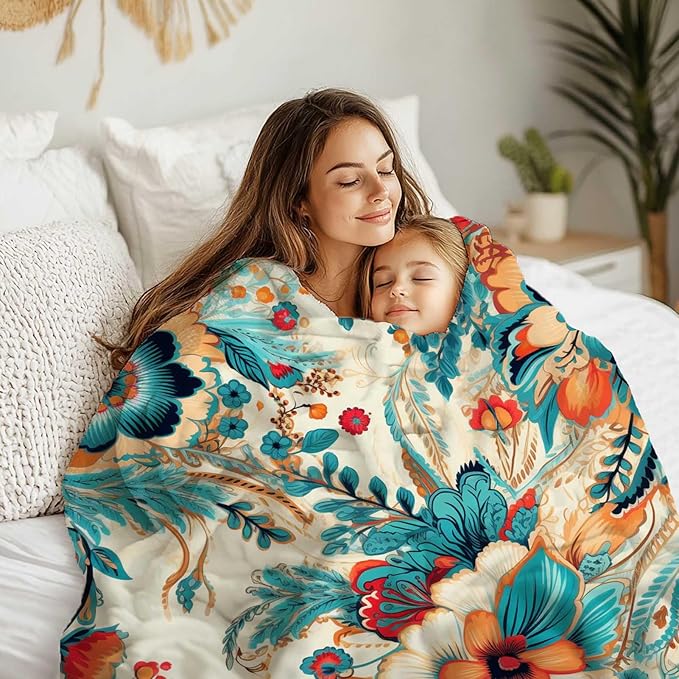 Floral Throw Blanket, Wild Flowers Blanket Gift for Women and Men, Lightweight Teal and Turquoise Fleece for Home Decor, Machine Washable, 50x60 Inches
