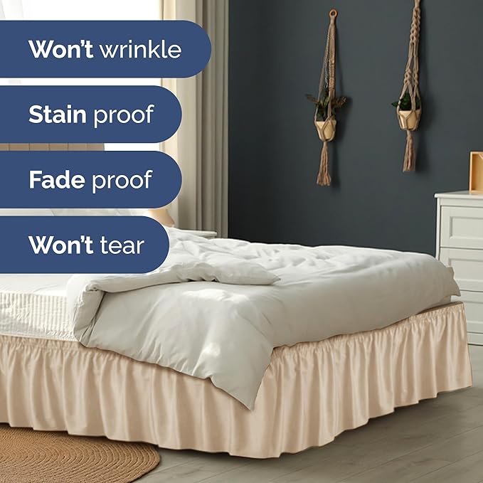 Wrap Around Dust Ruffle Bed Skirt - Cream - for Queen Size Beds with 12 Inch Drop - Easy Fit Elastic Strap - Adjustable Pleated Bedskirt w/Brushed Fabric - Wrinkle Free - for Women, Men, Kids & Teens