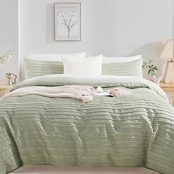NEXHOME PRO Duvet Cover Queen Size, Blue 3 Pieces Boho Tufted Duvet Cover Set, Soft and Lightweight Microfiber Comforter Cover Set for All Season (Sage Green,90 x 90)-No Comforter