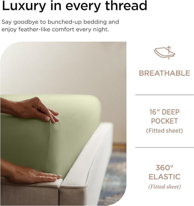 Threadmill Luxury 800 Thread Count King 100% Cotton Sheets - Sage Green Sateen Weave Bed-Sheets, Better Than Egyptian Cotton, 4 Pc Solid Soft Bed Set, Fits 16" Deep Pocket