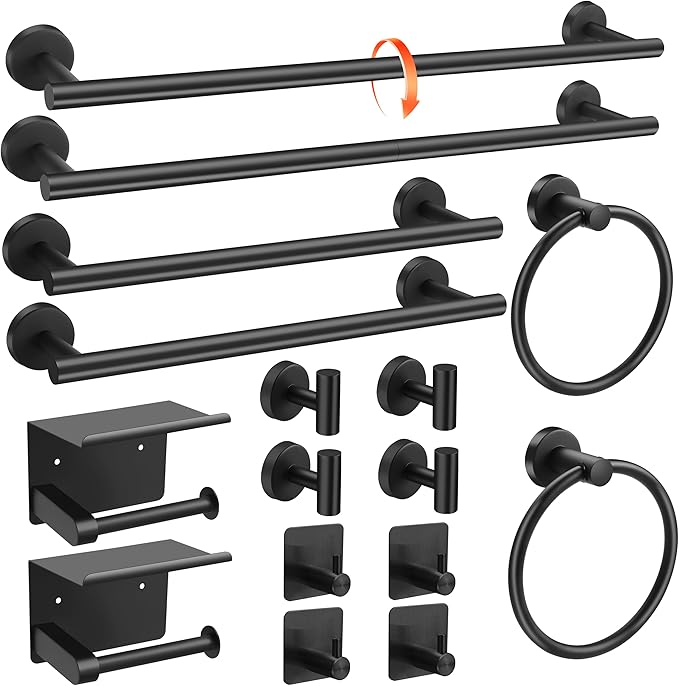 Matte Black 16-Piece Bathroom Hardware Set Stainless Steel, 24in and 16in Towel Bars Set Wall Mounted Bathroom Accessories