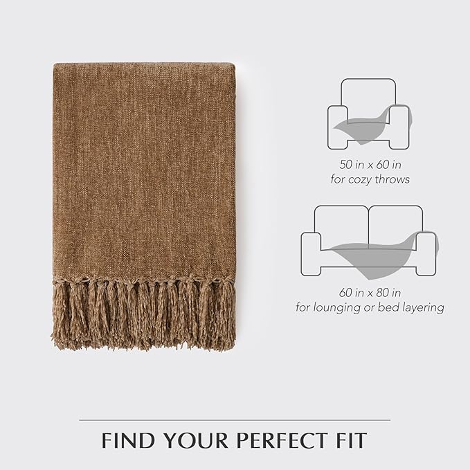 EVERGRACE Soft Chenille Throw Blanket for Couch, Cozy Plush Fuzzy Decorative Chenille Knit Throw Blanket with Tassels, Lightweight Blanket and Throws for Bed Sofa Gift Home Decor, Khaki 60"x80"