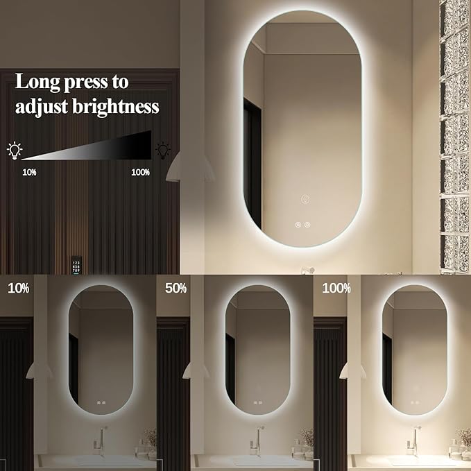 Niccy Oval LED Bathroom Vanity Mirror, 48x24inch Frameless Backlit Mirror with Light, Smart Anti-Fog Waterproof Mirror with Memory Function Dimmable Lighted Mirror