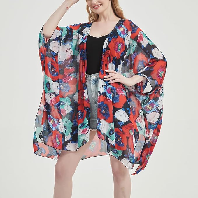 Women's Bohemian Floral Chiffon Beach Cover up Swimsuit Kimono Summer Swimwear Cardigans
