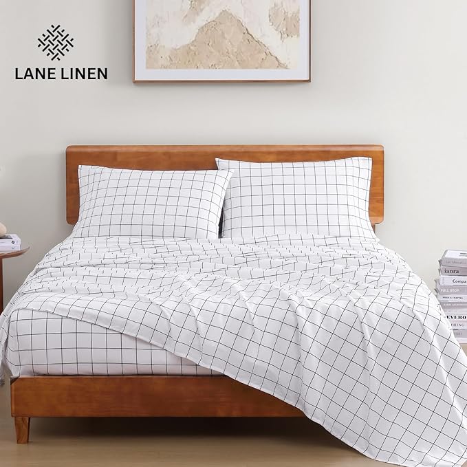 LANE LINEN 100% Organic Cotton King Size Sheets Set, Soft Breathable Sheets Percale Weave, All Season Machine Washable Hotel-Quality Mercerized Fully Elasticized Printed King Sheet Set - Windowpane