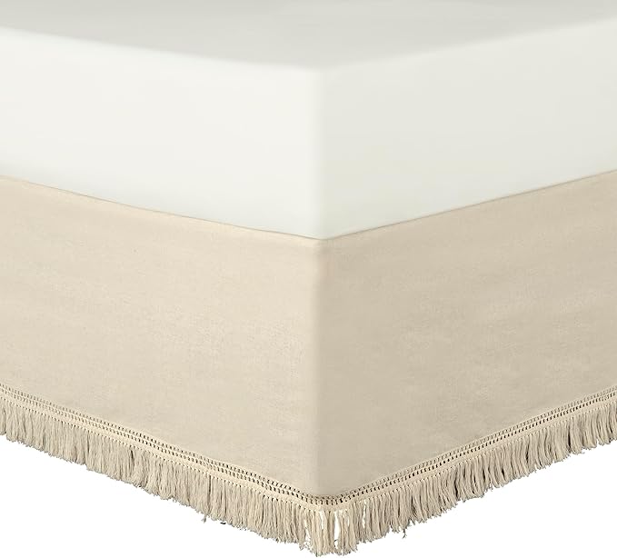 Lush Decor Boho Fringe 15-Inch Tailored Drop Easy Fit Bedskirt, Queen, Neutral