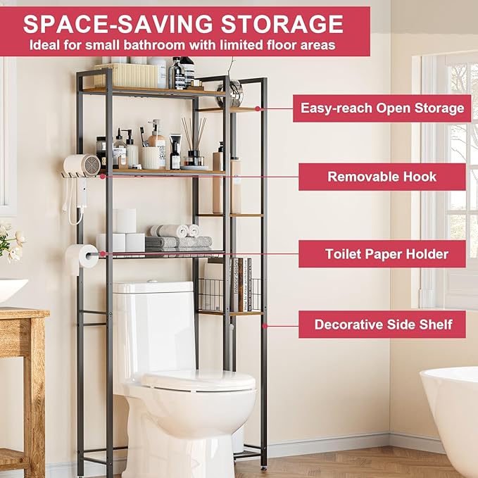 31.5" Wide Over Toilet Bathroom Organizer, Solid Wood Over The Toilet Storage With Paper Holder, Hooks, Side Shelf, Freestanding Bathroom Shelves Over Toilet for Laundry Room, Dorm Room, Balcony