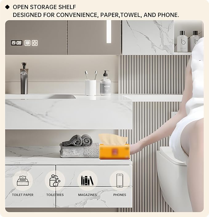 Floating Bathroom Vanity with Sink, Solid Wood Bathroom Vanity Set, Smart Defogging Mirror & Induction Side Cabinet & Large Storage - Elegant Bathroom Vanities (White,56IN)