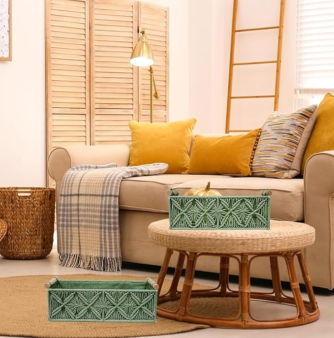 HOSROOME Macrame Boho Decor Baskets for Organizing Woven Decorative Basket for Countertop Toilet Paper Basket for Tank Top for Home Decor Bedroom Nursery Livingroom Entryway (Set of 2,Green)