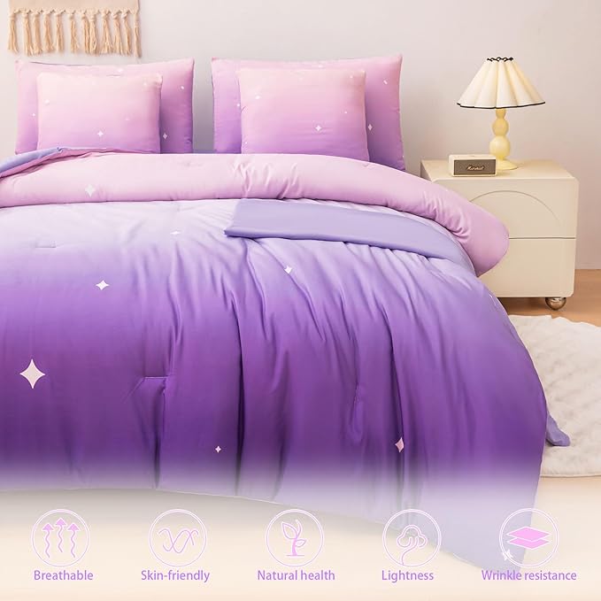 Rainbow Bedding Set Full Size – 7 Piece Reversible Girls Comforter with Deep-Pocket Sheet, Gradient Galaxy Design, Whole-Piece Filling, Machine Washable Bed-in-a-Bag for Kids Room Makeover & Gifts