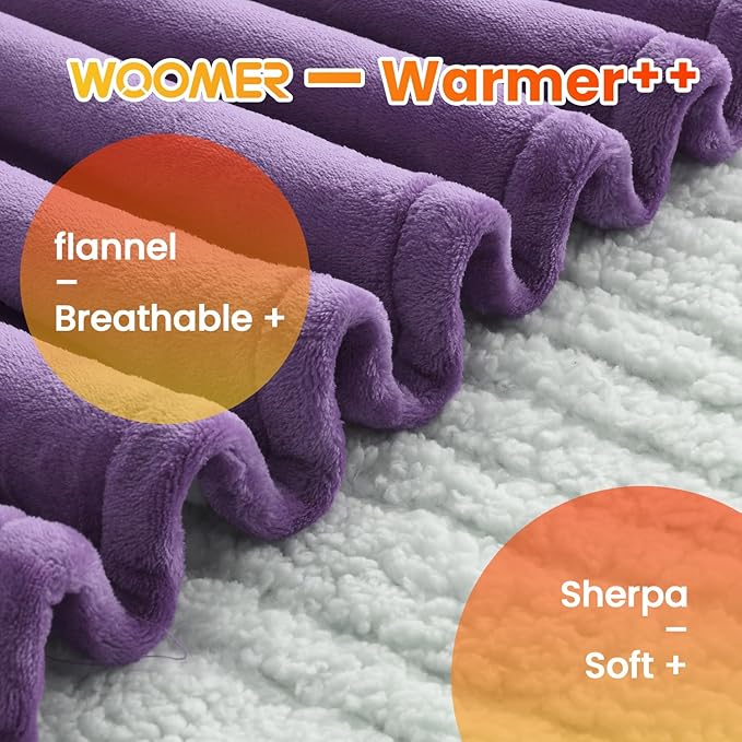 WOOMER [5-Year Warranty Electric Blanket Full Size,Durable Flannel and Soft Sherpa,Dual Control,77”×84” Heated Throw Blanket, 10 Heat Levels&0.5-12h auto-Off,Energy Efficient,ETL Certified