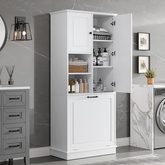 Tall Storage Cabinet with Adjustable Shelves & Flip-Out Basket, MDF Material with Aluminum Alloy Handles, Large Capacity for Bathroom, Kitchen, Living Room, Office Organizer, White