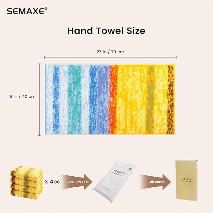 SEMAXE Hand Towels for Bathroom, 100% Cotton Towels with Hanging Loops, Soft and Absorbent, 4 Pack Hand Towel Set for Gym, Shower, Hotel, Spa and Kitchen, Colorful Towel - Wheat Field Collection