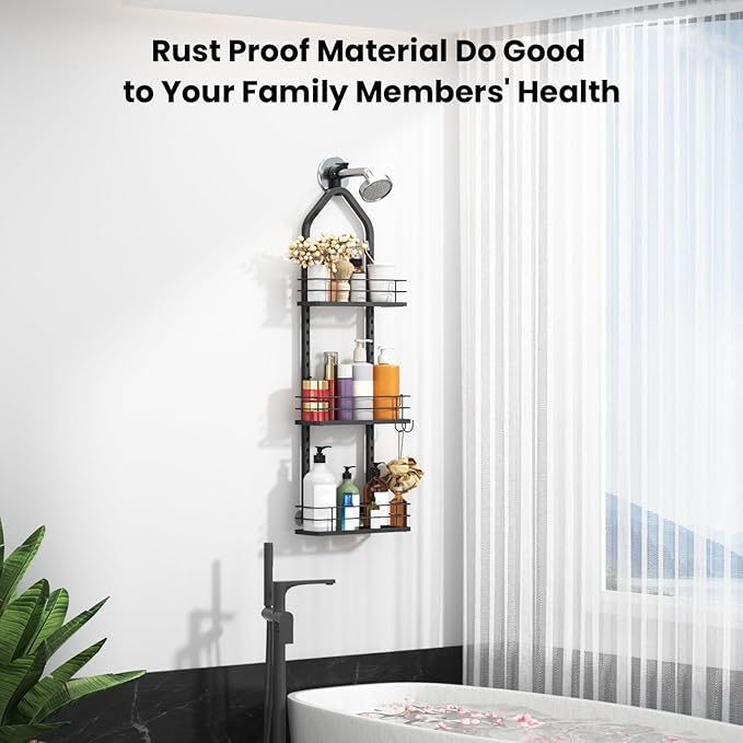 Shower Caddy Hanging (Black), Adjustable Anti-Swing-Over The Shower Head Caddy, 3 Tier Height Bathroom Storage Organizer Bathroom Shelves Basket Rack Shower Caddies (3Tier)