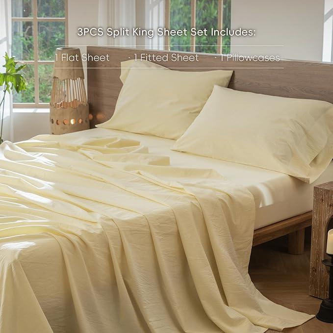 MooMee Bedding Sheet Set 100% Washed Cotton Linen Like Textured Breathable Durable Soft Comfy (Heathered Butter Yellow, Twin)