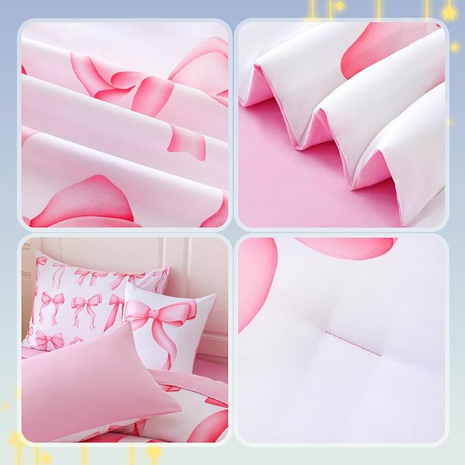 6 Pieces Full Comforter Sets with Sheets Pink Bed in a Bag for Girls,Bow Comforter Set,Bow Full Bedding Sets for Kids