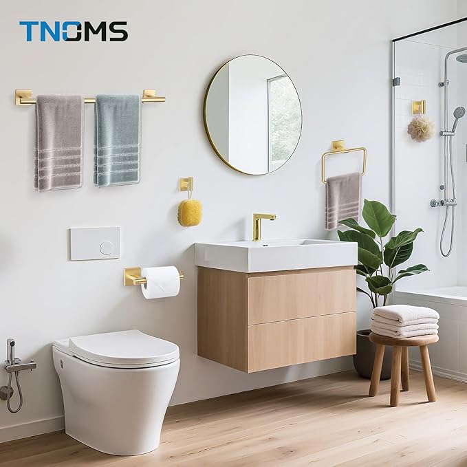 TNOMS Gold Towel Bar Set 5-Piece Brushed Gold Bathroom Hardware Accessories Set Include 23.6in Towel Bar Toilet Paper Holder Towel Ring Towel Hooks,Stainless Steel Towel Holder Set Wall-Mounted