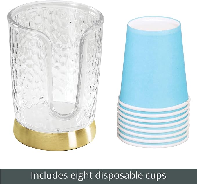 mDesign Plastic/Steel Compact Small Disposable Paper Cup Dispenser Storage Holder for Rinsing Cups on Bathroom Vanity Countertops - Rain Collection - Clear/Soft Brass