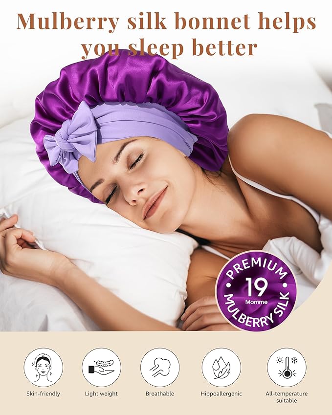 AWAYTR Silk Bonnet for Sleeping Women 100% Mulberry Silk Bonnet with Band 2 Layer Reversible Hair Bonnet Sleeping Hair Wrap (Purple/Violet)