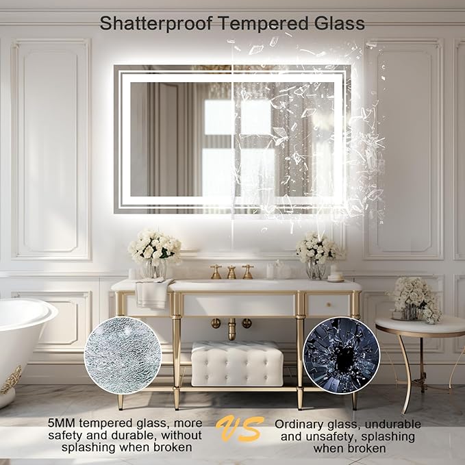 WTTY 60"x36" LED Bathroom Mirror with Lights, Backlit and Front Lighted Bathroom Vanity Mirrors Wall Mounted, Double LED Vanity Wall Mirror for Bathroom with Anti-Fog, Dimmable, Memory, Shatter-Proof