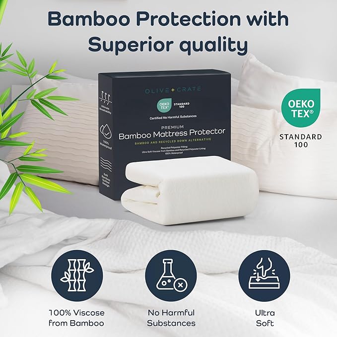 Olive + Crate 100% Viscose Bamboo Mattress Protector - Eco-Concious Cooling Mattress Cover - Waterproof Hypoallergenic Protection - Breathable 2Pk Twin XL Shield Against Dust & Spills