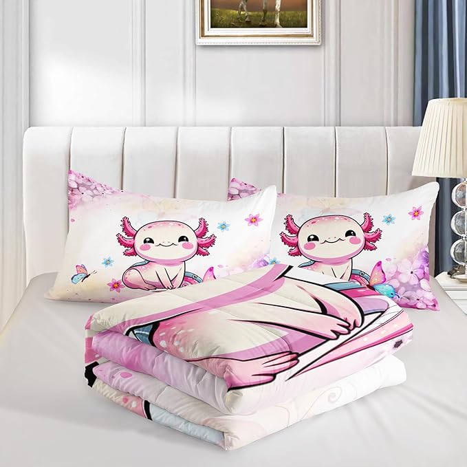 Cartoon Axolotl Comforter Kids Bedding Set,Axolotl Flower Butterfly Bedding King Size for Boys Girls Room Kawaii Decor,Pink Toddler Comforter Sets with 2 Pillowcases.