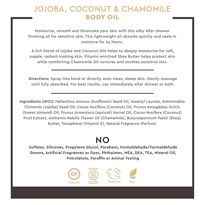 Desert Essence Body Oil Spray – 8.28 fl oz | Jojoba, Coconut & Chamomile | 24-Hour Moisture for Dry Skin | Lightweight After-Shower Oil | Vegan, Cruelty-Free, B-Corp, Made in USA