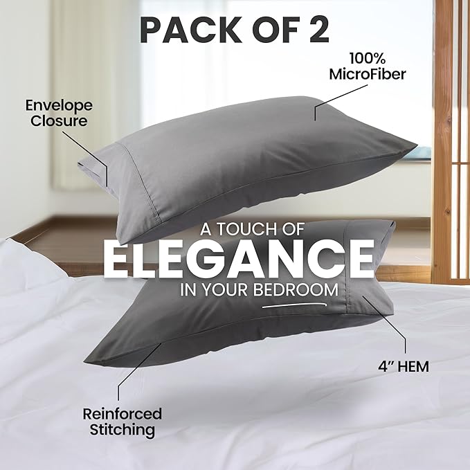 Utopia Bedding Pillow Cases Queen Size 2-Pack – Soft Brushed Microfiber – Envelope Closure – Perfect for Hospitals, Hotels, Guest Rooms – Oeko-TEX Certified, 20x26 Inches (Grey)