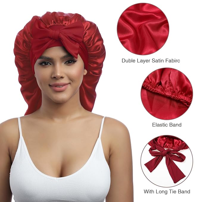 AWAYTR Long Satin Bonnet for Women - Double Layer Elastic Silk Bonnet for Braids Hair Sleeping Cap with Tie Band (Wine Red)