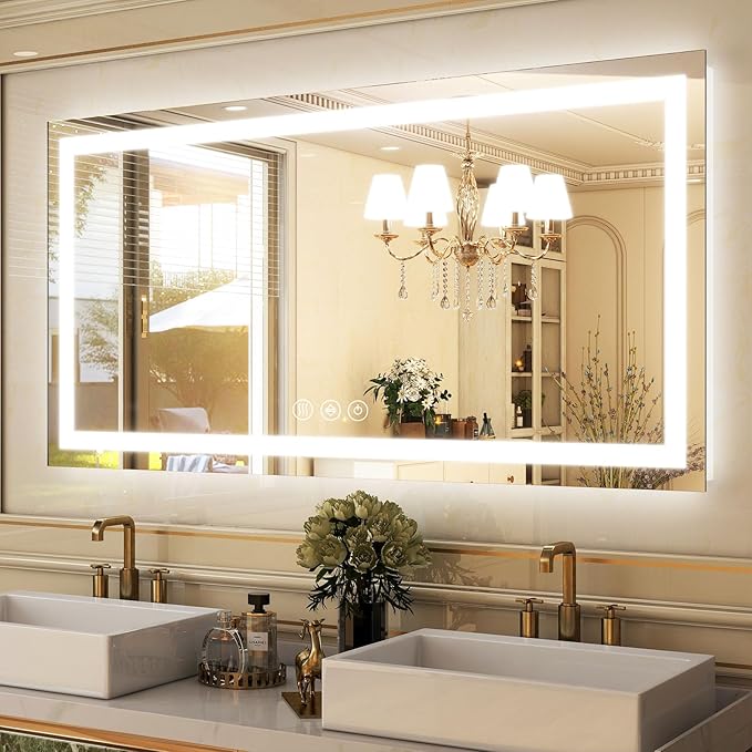 GLSLAND LED Bathroom Mirror - 55"x30" Anti-Fog Lighted Wall Mirrors with Memory Function, Dimmable, Frontlit & Backlit, Horizontally/Vertically, Tempered Glass