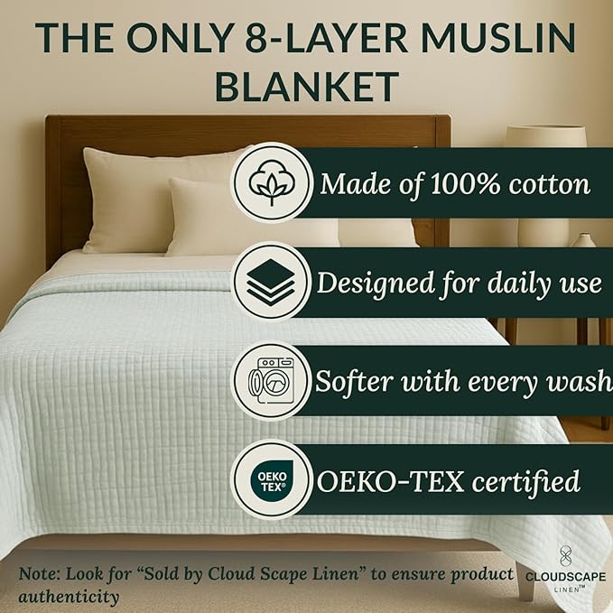 Cloud Scape Linen 8-Layer Muslin Blanket King Size for Adult - 100% Cotton, Breathable and Soft, Perfect Winter Cozy Blanket, Fits up to California King Bed, 92x108, Seafoam