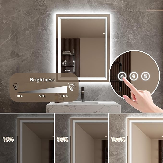 Bathroom Mirror with Lights 32"X40" with Front Light and Backlit, Tempered Glass, Wall Mount Horizontal/Vertical, Stepless Dimmable, 3 Colors, Anti Fog, Bathroom Memory LED Mirror