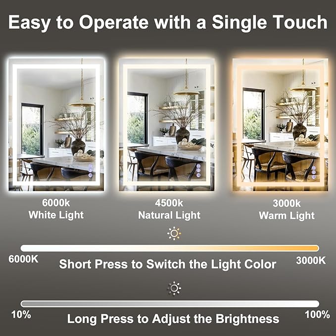 GLSLAND LED Bathroom Mirror - 55"x30" Anti-Fog Lighted Wall Mirrors with Memory Function, Dimmable, Frontlit & Backlit, Horizontally/Vertically, Tempered Glass