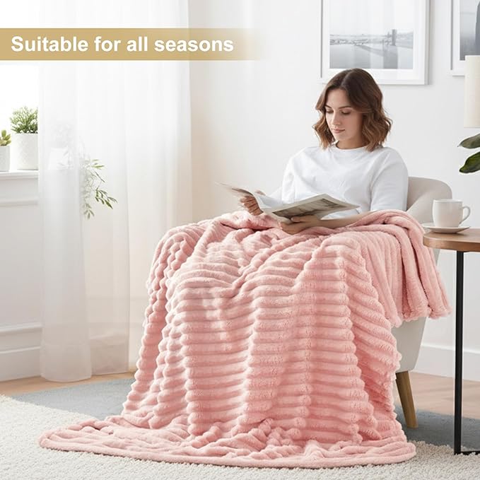 decorUhome Christmas Soft Fleece Pink Blanket King Size for Bed, Cozy Fluffy Plush Flannel Large Striped Throws for Couch Sofa, Lightweight Decorative Fuzzy Blanket for Woman, 108x90 Inches