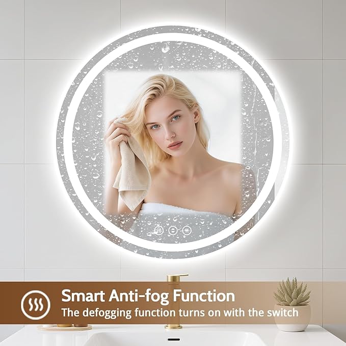 Round LED Bathroom Mirror with Lights, Backlit & Front Lighted, Wall-Mounted Vanity Mirror 3000K/4000K/6000K, Memory Functions, Anti-Fog, Dimmable Smart Mirror (Round 28" x 28")