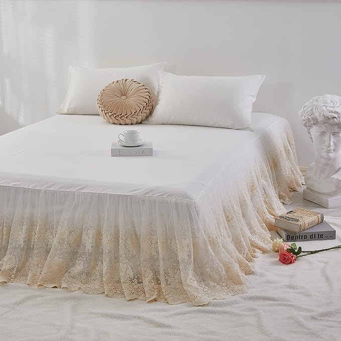 Brandream Lace Bed Skirt Full Size Cream White 18 Inch Drop Romantic Bed Sheets Cover Split Corners