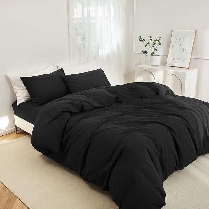JIYUAN 100% Washed Cotton Duvet Cover Set 3 Pieces Queen, 1 Duvet Cover 90x90 Inches(Comforter Not Included) and 2 Pillowcases,Linen Feel Bedding Set Comfy and Breathable,Black