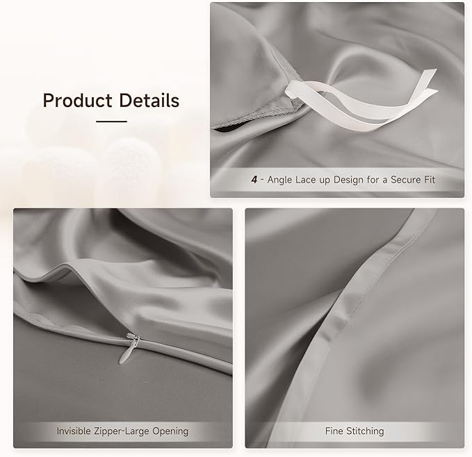 THXSILK 100% Pure Mulberry Silk Duvet Cover Set 3 Piece, 6A+ Grade Luxury Soft Bedding Silk Sheets for Hair and Skin, 1 Pcs Duvet/Quilt/Comforter Cover with 2 Zippered Pillowcases (Grey, Full)