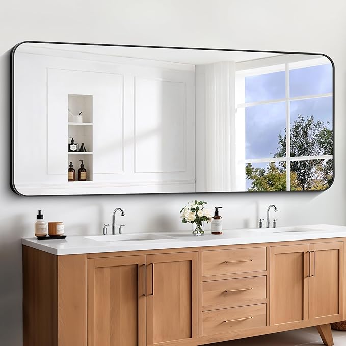 Large Bathroom Mirror, 72 x 30 inch Black Rectangle Mirror, Metal Frame Rectangular Vanity Mirror, Wall Mounted Mirror with Rounded Corner for Bedroom Living Room Hangs Horizontal Or Vertical