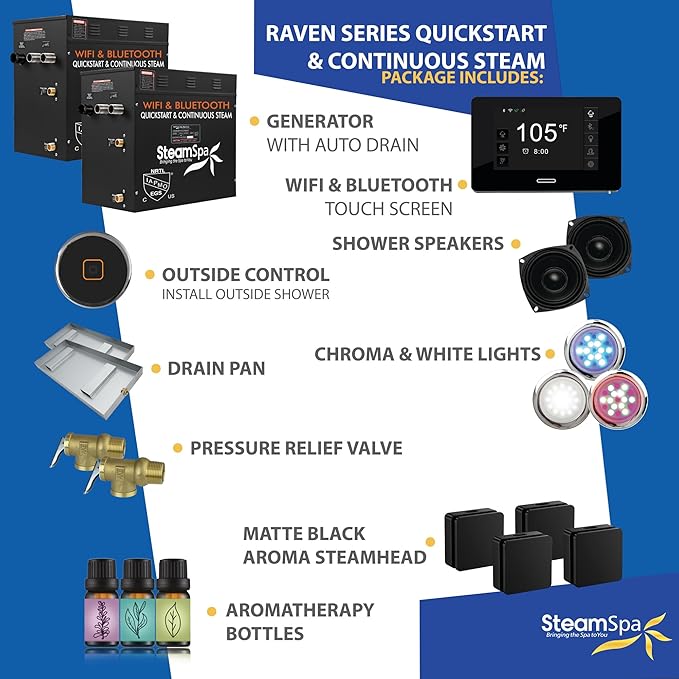 SteamSpa Steam System 21kW Steam Shower Generator with Bluetooth Wifi, Quickstart Continous Steam, Advanced Touch Pad Screen, Chroma Lights, Drain Pan and Auto Drain Black RVBS2100BK-A