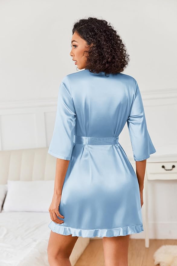 Ekouaer Women's Satin Robes Silk Kimono Bath Robe Short Ruffled Hem Bride Bridesmaid Sleepwear with Pockets