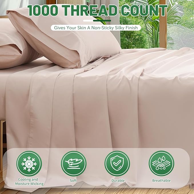 100% Egyptian Cotton Sheets King Size 1000 Thread Count Sateen Weave Soft Breathable 16-Inch Deep Pocket 4PCS（King,Dusty Pink）