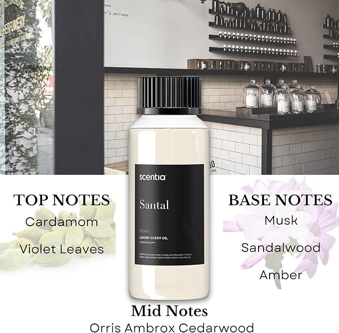 Scentia Santal Diffuser Oil 120ml – Luxury Santal-Inspired Oil – Cedarwood, Amber, Musk, Vanilla – Essential Oil Blend for Large Rooms, Cold-Air Diffusers, HVAC & Ultrasonic Use