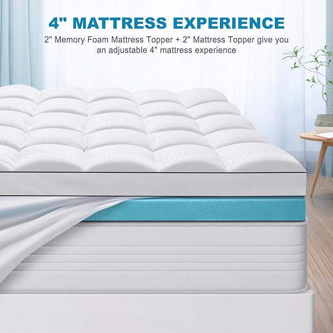 MASVIS Twin Size Dual Layer 4 Inch Memory Foam Mattress Topper, 2 Inch Gel Memory Foam and 2 Inch Cooling Pillow Top Mattress Pad Cover for Back Pain, Medium Support