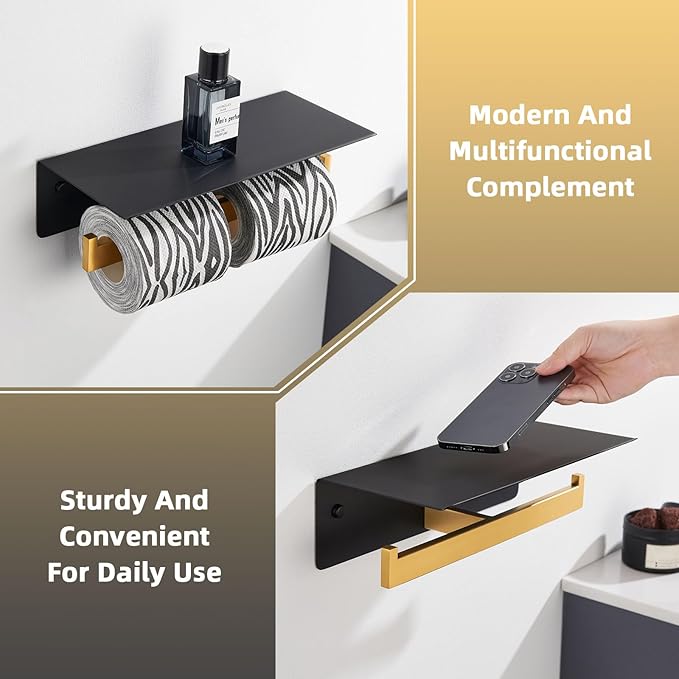 Angle Simple Double Toilet Paper Holder with Shelf, 304 Stainless Steel Bathroom Toilet Tissue Roll Holder for Wall Black and Gold