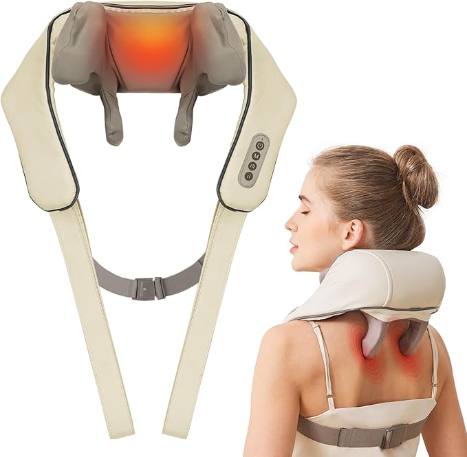 Neck Massager with Heat, Cordless Neck and Shoulder Massage, Rechargeable Shiatsu 6D Kneading Massager for Pain Relief Deep Tissue, Gift for Mom&Dad (Light Beige)